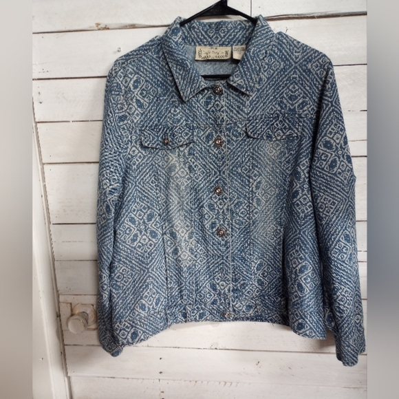 Life Style Women's Large Geometric Print Button-Front Blue Jean Jacket Trucker. - Picture 1 of 11